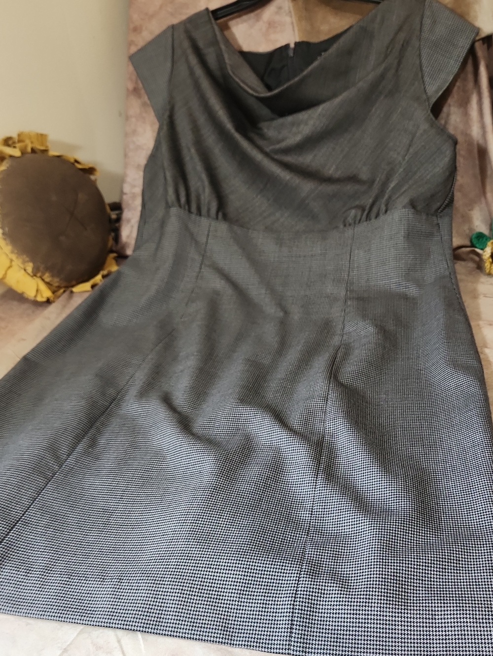 Elegant Gray Check Midi Dress - Mosest Cowel Neck, Cap Sleeves